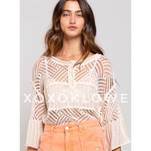 POL Open Weave Loose Knit Half Button Top - Picture 6 of 11